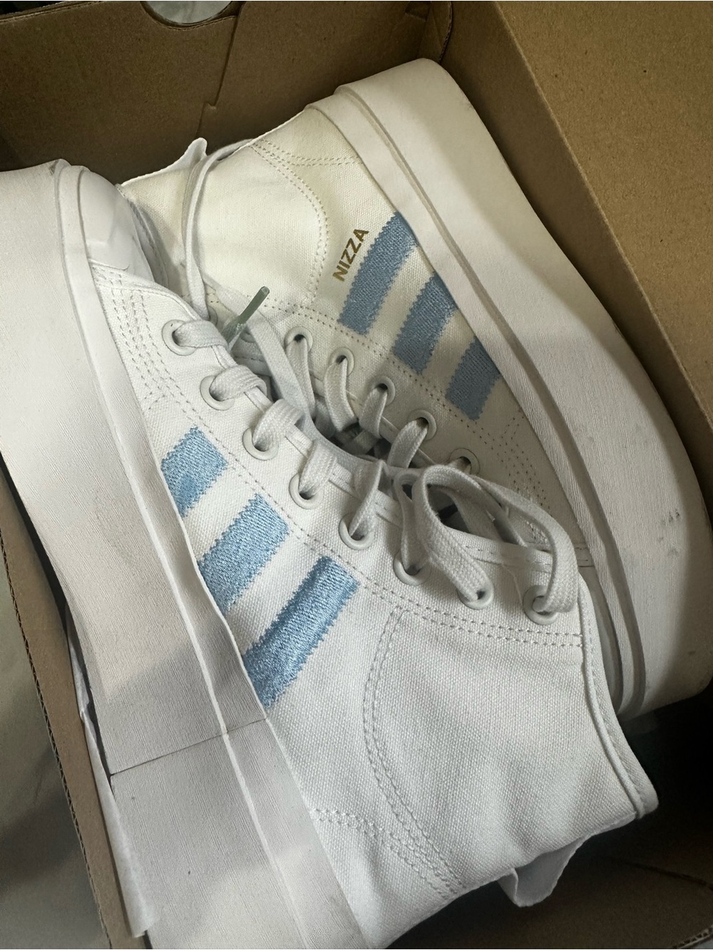adidas Nizza Platform Sneakers - White with Light Blue Stripes